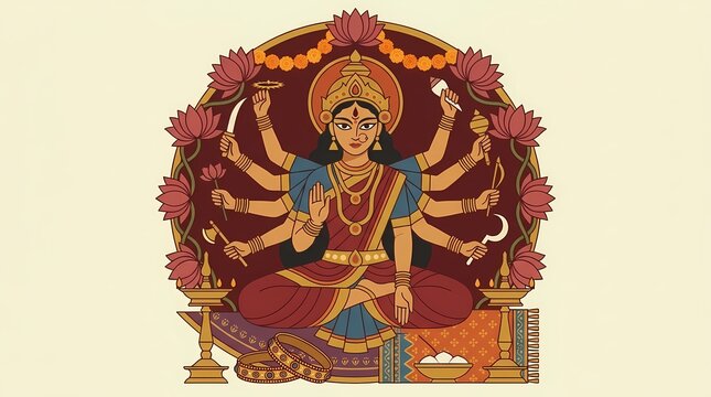 Detailed vector illustration of Goddess Durga sitting on lion throne holding sacred weapons. Isolated symbol for Durga Puja and Navratri festival.