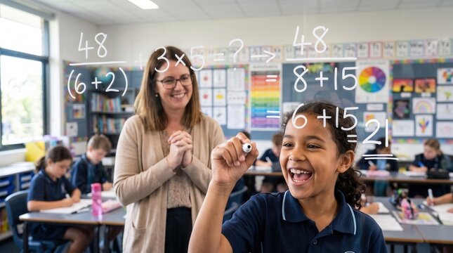 Happy young schoolgirl solving a math equation on a transparent board featuring an encouraging teacher, capturing student success and STEM learning for primary education marketing design.