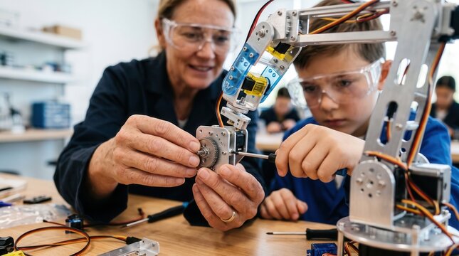 Teacher and student building a robotic arm in a STEM classroom, capturing focused collaboration and technical skill development for robotics education and school curriculum marketing.