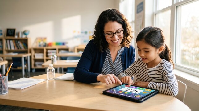 Teacher and elementary student using a digital tablet for math lessons in a bright classroom, capturing collaborative digital learning for EdTech and education marketing.