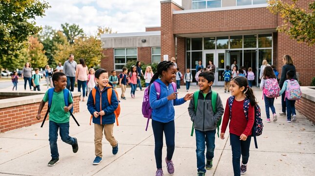 Diverse group of elementary school children walking outside school building