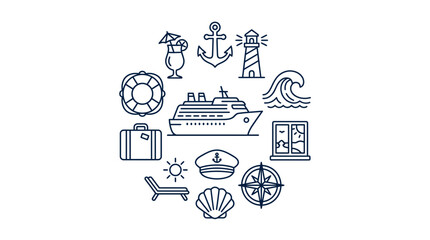 Obraz premium Cruise Ship Travel Icons Set Isolated Transparent Background Vector Illustration