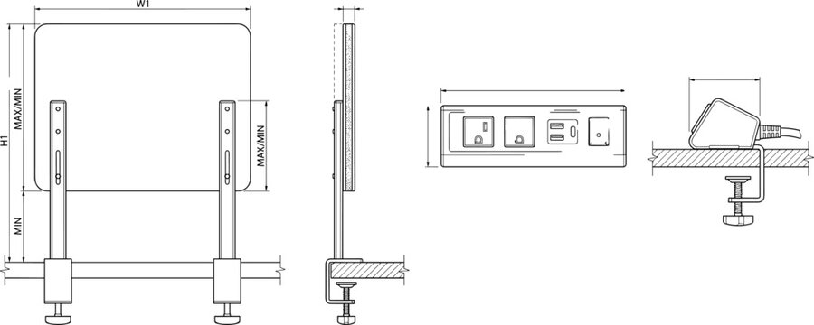 Technical CAD drawing of clamp mounted desk power outlet with adjustable mechanism