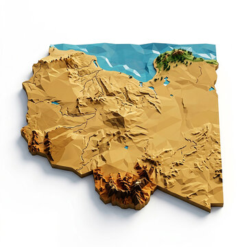 Three dimensional topographic relief map of libya showing desert terrain and the mediterranean coastline on white background