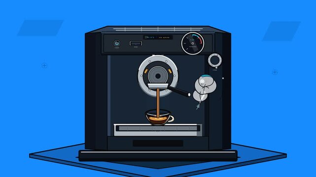 High-end semi-professional espresso machine industrial product design rendered in 2D isometric vector comic cel-shading with deterministic mechanical motion.