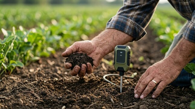 Precision Agriculture and Smart Farming for Food Security, Farmer testing soil quality in a field with a handheld digital soil tester device.