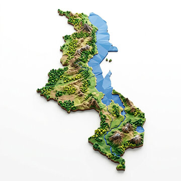 Three dimensional topographic relief map of malawi showing terrain elevation and lake malawi on white background