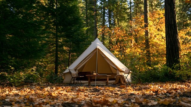 Bell tent in a beautiful autumn forest with fallen leaves and warm sunlight