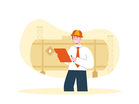 A safety manager or engineer inspecting an industrial oil or petroleum facility while holding a clipboard. Oil refinery illustrations. Flat vector concepts.
