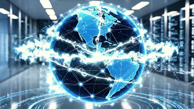 Digital globe with network connections in modern server room