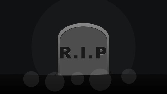 Dark background with the text R.I.P slightly scaled down, sliding statically upward, framed by a simple gray tombstone rising from the ground.
