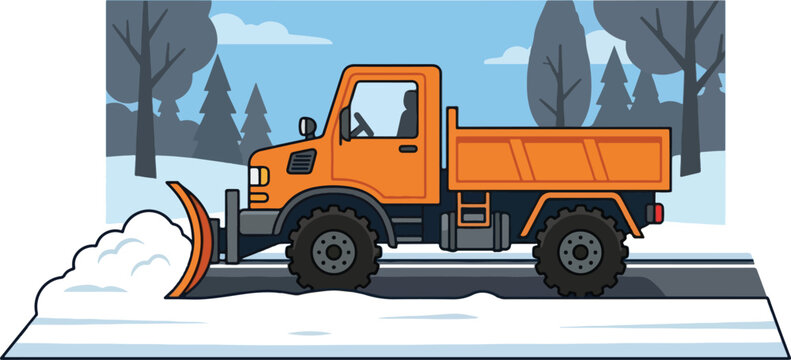 An orange winter utility vehicle equipped with a front plow clears snow from a frozen roadway during a cold morning, ensuring safe travel for citizens across the snowy mountain landscape