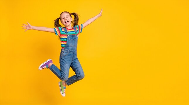 Joyful young girl with pigtails jumping in the air with arms outstretched against a vibrant yellow background