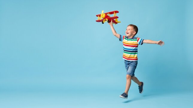 Joyful young boy running with a toy airplane against a blue background