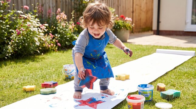 Young child happily painting outdoors with sponges and washable paints