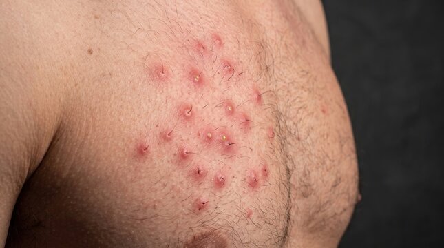 Cluster of Severe Bacterial Folliculitis Pustules on Male Hairy Chest