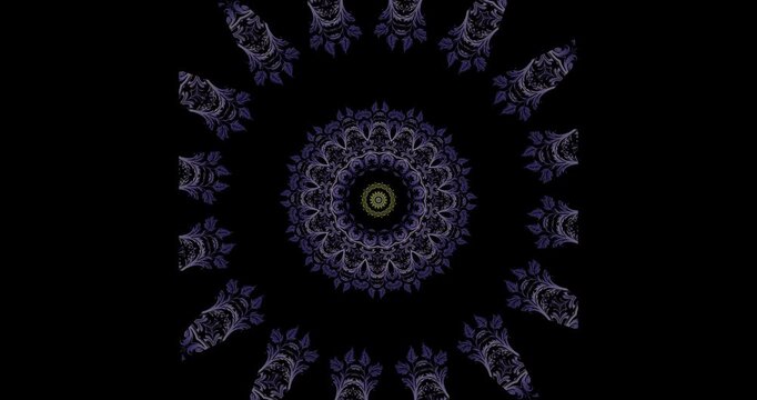 50 second of colorful gradient damask spinning abstract kaleidoscope animation featuring ornate symmetrical motifs, seamlessly looping against a transparent rectangle background.