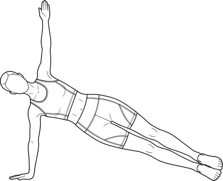 Line drawing of person performing side plank exercise with proper body alignment illustration