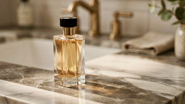 Luxury Cologne Bottle Mockup on Elegant Marble Bathroom Countertop