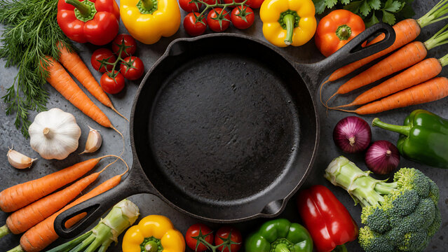 Healthy cooking concept with colorful vegetables around empty cast ir