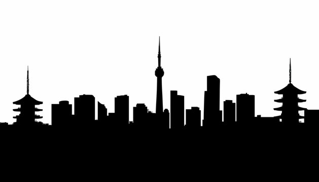 Tokyo City Skyline Silhouette with Pagodas and Skyscrapers