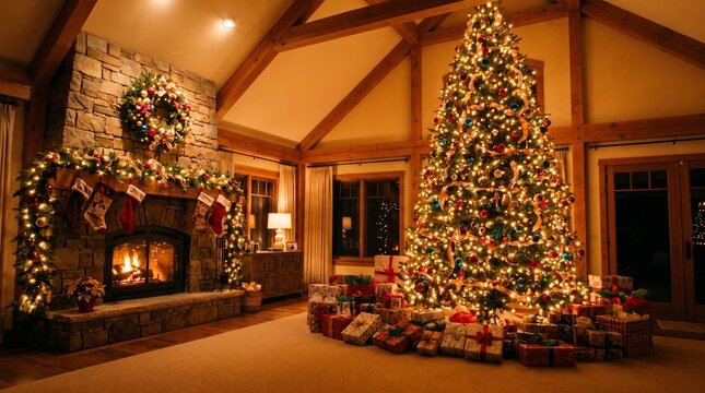 Cozy Living Room Interior in Rustic Cabin with Tall Decorated Christmas Tree Gifts and Glowing Stone Fireplace