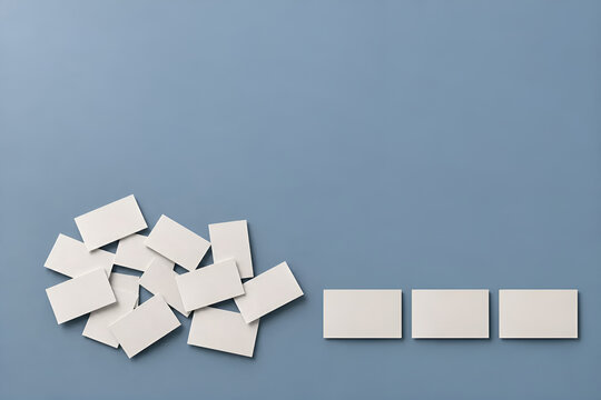 Scattered and aligned blank cards on blue background
