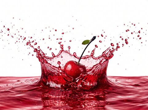 Fresh red cherry falling into deep crimson juice creating a dynamic liquid crown splash