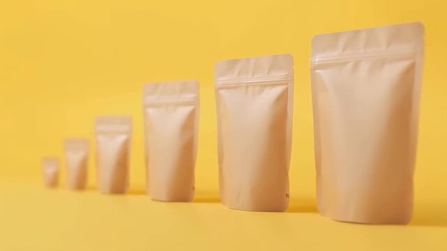 Pouch Packaging Mockup Set in Graduated Sizes on Yellow Kraft Paper Background