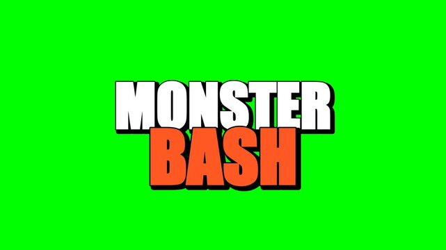 Kinetic typography animation where the words 'Monster' and 'Bash' slide in from opposite sides and violently collide in the center, set on a green screen.