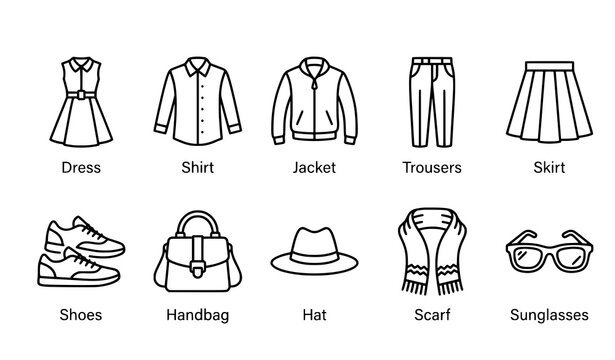 Fashion clothing line icon set featuring dress, shirt, jacket, trousers, skirt, shoes, handbag, hat, scarf and sunglasses, black outline vector symbols with labels on white background
