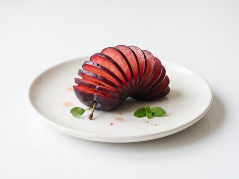 A fresh purple plum sliced into thin segments arranged on a ceramic plate with green mint leaves