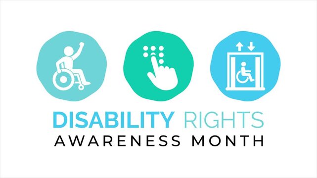 Motion graphics of disability rights awareness design featuring diverse accessibility icons and colorful symbols for inclusion, equality and November awareness campaigns.