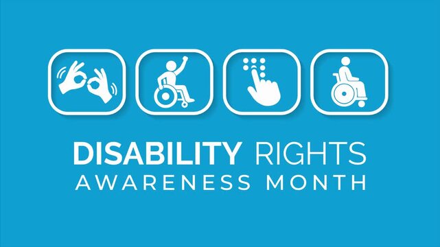 Animated disability rights awareness graphic on a blue background featuring accessibility icons for inclusion, equality and social awareness campaigns.