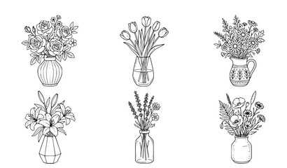 Flower Bouquet In Vase Line Art Collection, Hand Drawn Vector Illustration Of Floral Arrangement For Home Decoration Design © Younus