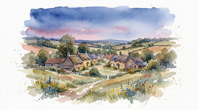 Delicate Watercolor Rural Hamlet at Twilight with Warm Glowing Windows