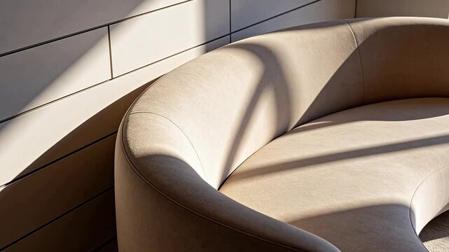 Modern curved beige sofa with detailed texture placed in front of a white partition wall