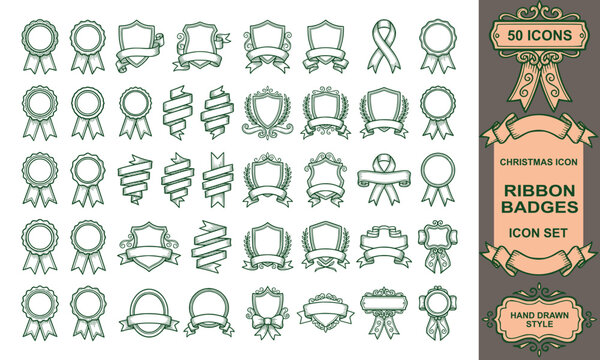 Hand drawn ribbon badge vector set vintage label emblem outline doodle award seal crest collection