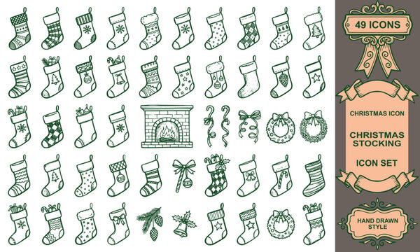 Hand drawn christmas stocking vector set cozy sock outline doodle winter festive gift pattern collection