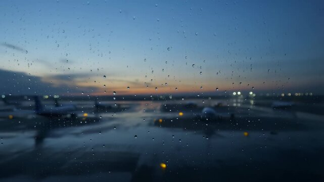 60 FPS Rain droplets on terminal window overlooking parked passenger jets on wet apron at dawn