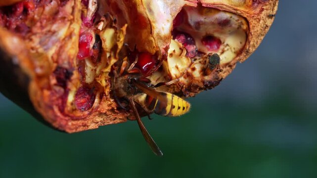 A yellow and black hornet crawls over the red seeds of a decaying pomegranate hanging from a branch, sipping sweet juice while a small fly rests nearby. Macro nature scene of insect feeding.