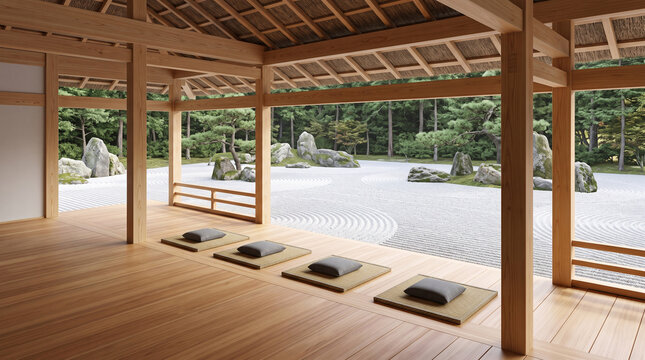 Traditional Japanese Zen Meditation Pavilion Aromatic Hinoki Wood and Raked Rock Garden 3D Interior Design
