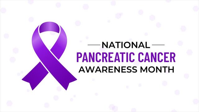 Animated purple pancreatic cancer awareness ribbon with November campaign typography for medical education, prevention and healthcare awareness.