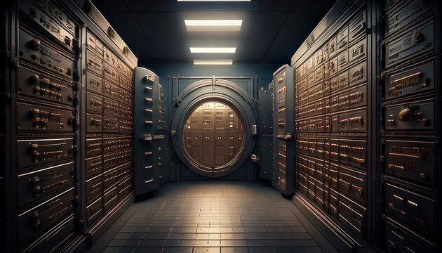 Secure bank vault interior with safes.