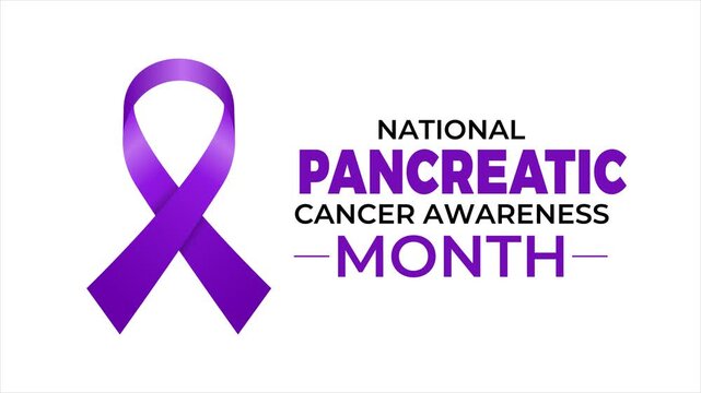 Animated purple pancreatic cancer awareness ribbon with November campaign typography for medical education, prevention and healthcare awareness.