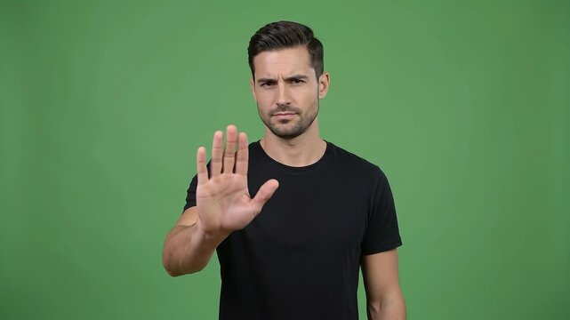 Stock video of serious man showing stop gesture with open palm against green screen background