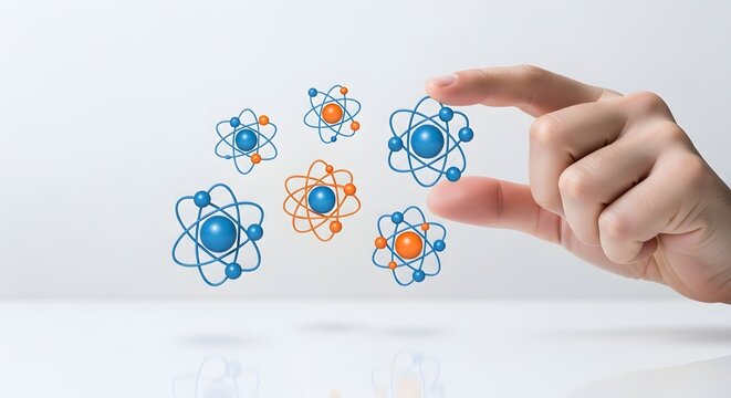 Hand interacting with floating atom models representing scientific research, nanotechnology, physics, molecular biology, and innovative technology
