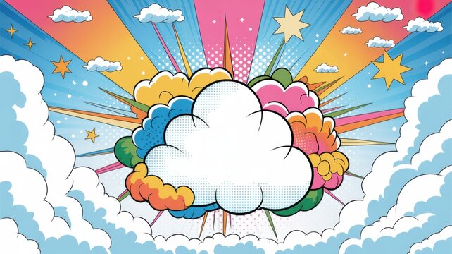 Colorful comic book style speech bubble with vibrant rainbow rays and fluffy clouds in sky with style illustration central star