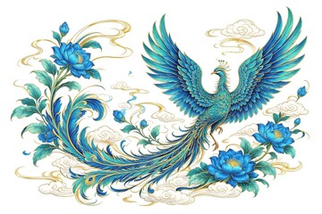 Fototapeta premium A Majestic Blue Teal Phoenix With Golden Accents Blue Lotus Flowers Golden Vines And Clouds