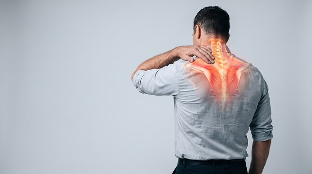 Man with neck pain touching his shoulder with digital spine overlay